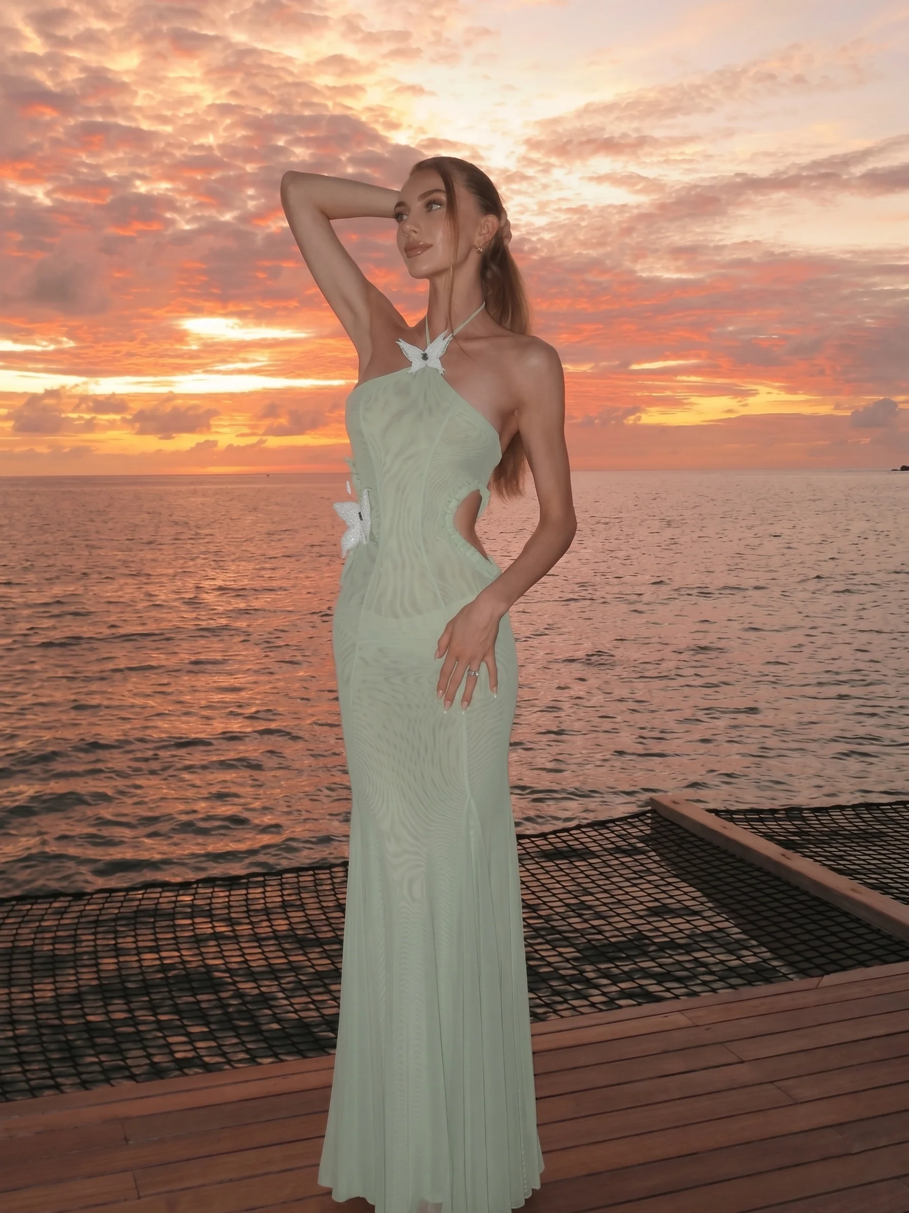 Sage Halter Butterfly Maxi Dress